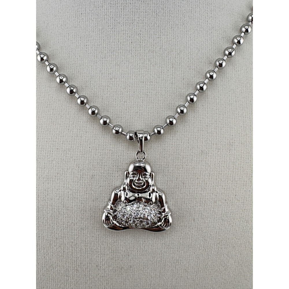 Silver Tone Laughing Buddha Pendant Necklace Ball Chain Iced Out Crystal Accent